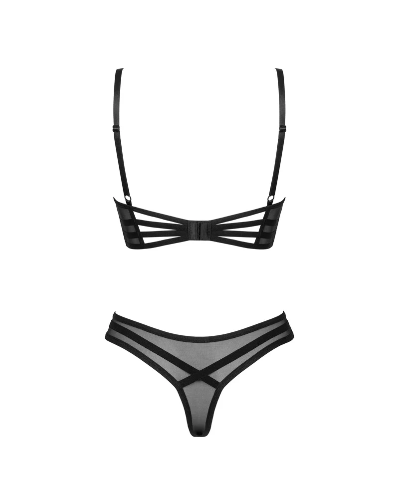 Obsessive Bügel-BH und Riostring im Set Roxelia. Modischer Style aus transparentem Tüll und blickdichtem Stretchmaterial. Stylische Details in Schnüroptik