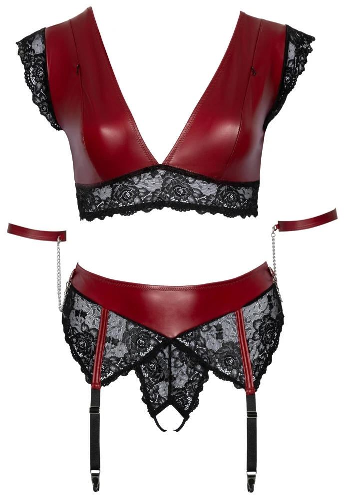 Cottelli Bralette und Highwaist-String mit Strapsen und Armfesseln im edlen Mattlook mit feiner Spitze