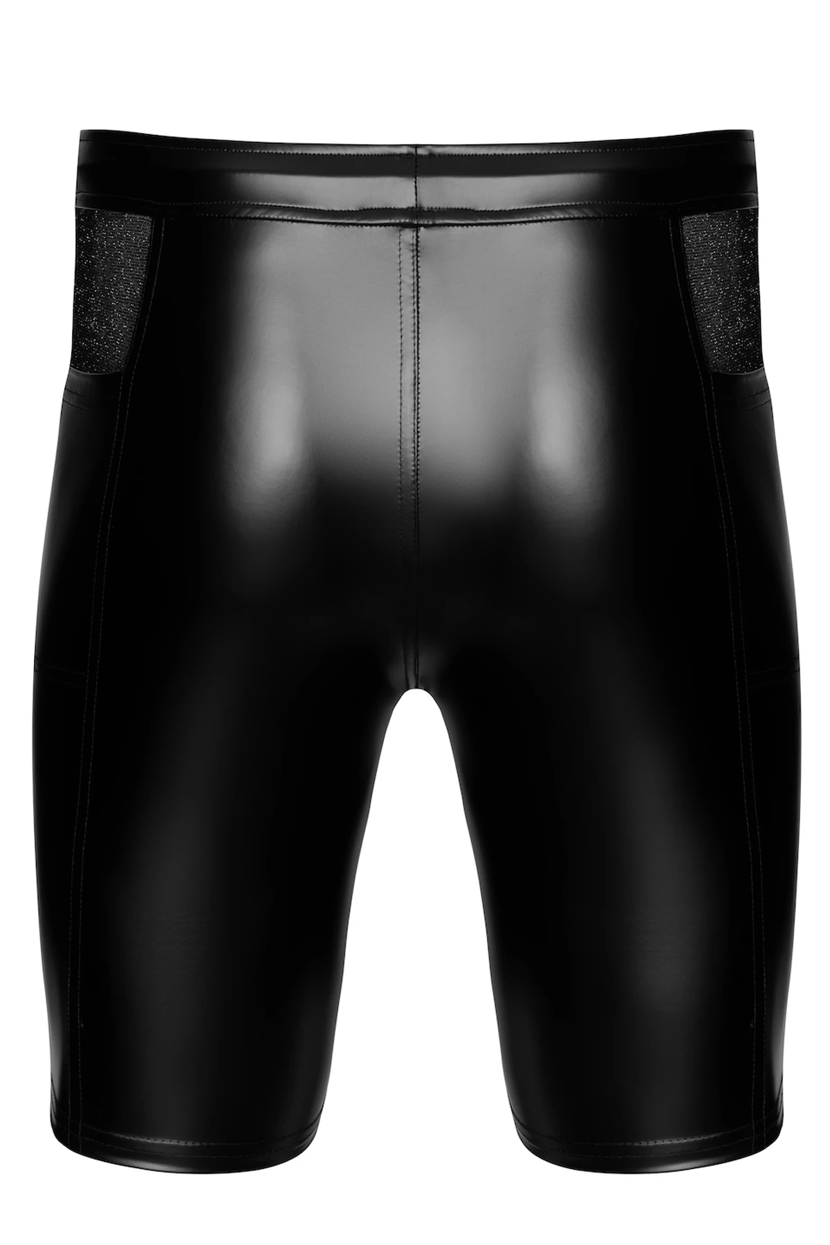 Schwarze Herren Kinky Shorts Onyx Hybrid H089 aus Powerwetlook mit Mesh-Einsätzen, seitlichen Taschen, Reißverschluss vorne, elastischem Bund und Kordelzug für figurbetonten Sitz von Noir Handmade Men