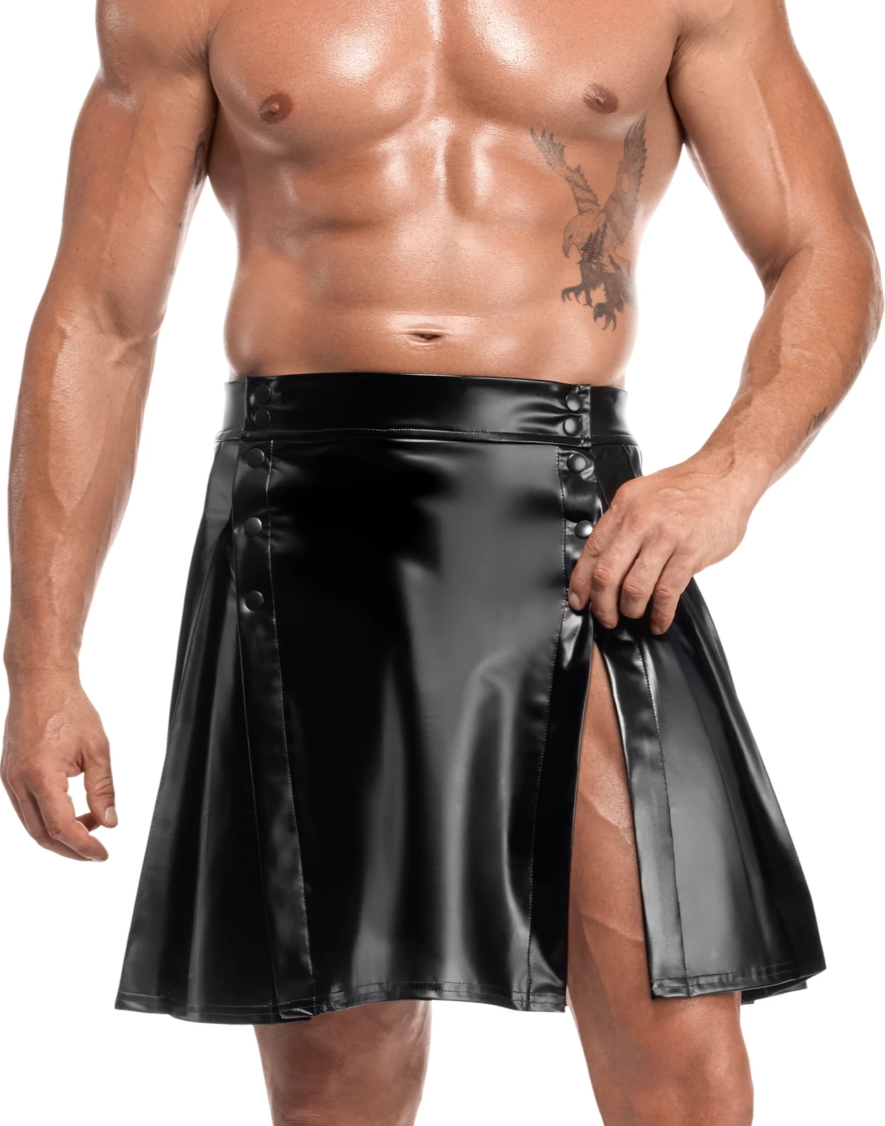 Schwarzer Herren Rock Valor H090 Powerwetlook mit Druckknöpfen vorne, zwei Gehschlitzen, dehnbar, knielang, markanter Kinky Style mit weichem Innenfutter von Noir Handmade Men