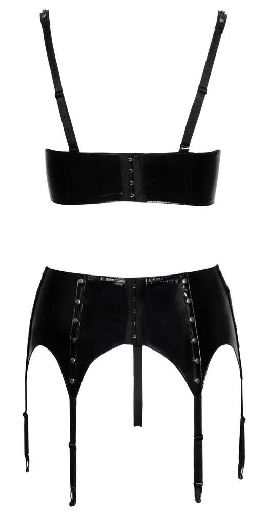 3-teiliges Set von Black Level bestehend aus leicht gefütterter Bügel-Hebe, Strapsgurt und String. Alles komplett im schwarzen Lackglanz. 3-teiliges Set von Black Level bestehend aus leicht gefütterter Bügel-Hebe, Strapsgurt und String. Alles komplett im schwarzen Lackglanz.