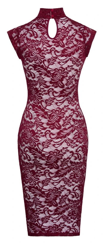 Kleid aus bordeauxroter Ornament-Spitze von Cottelli LINGERIE mit knieumspielender Länge, ärmellosem Schnitt und elegantem Stehkragen