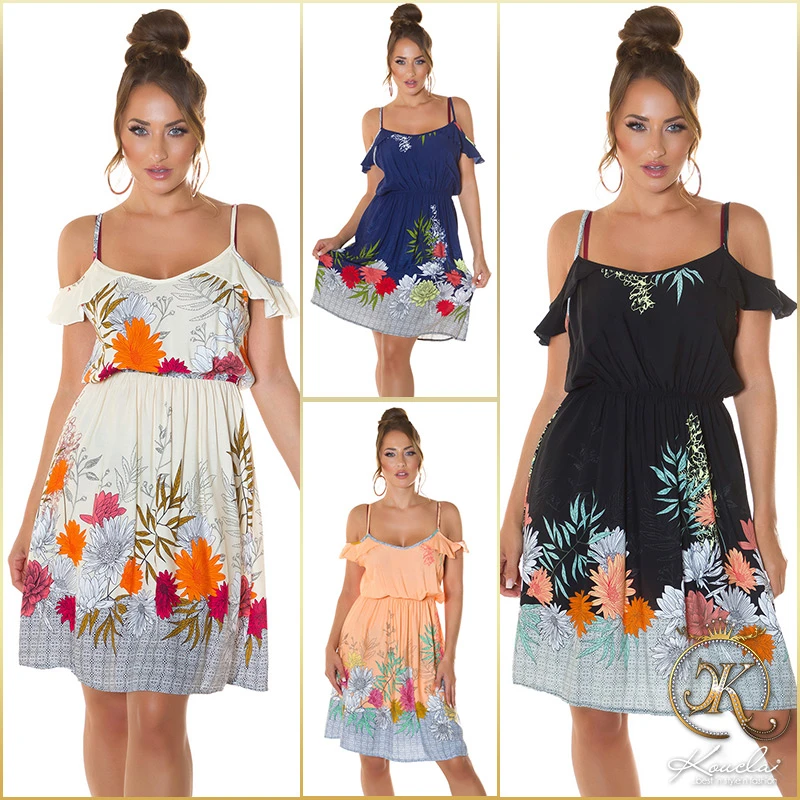 Business Cold-Shoulder Sommer Midi Viskose Kleid mit Print Business Cold-Shoulder Sommer Midi Viskose Kleid mit Print