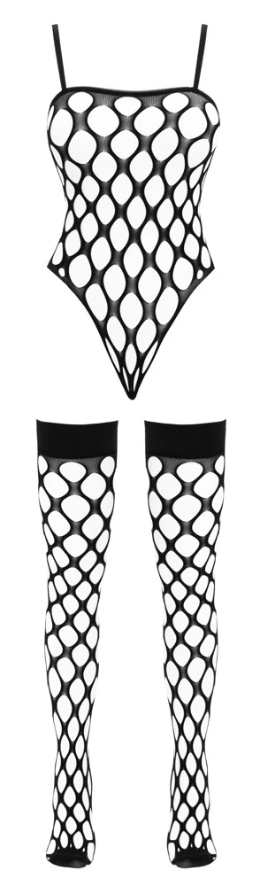 Fantasy by Cottelli Netz-Set Damen Body Rio-Style halterlose Strümpfe große Netzmaschen nahtlos elastisch Reizwäsche Dessous Bodystocking Schwarz