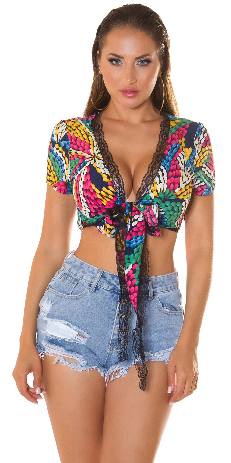 Fantasy Printed Kurzarm Crop Top mit Spitze zum Binden Fantasy Printed Kurzarm Crop Top mit Spitze zum Binden