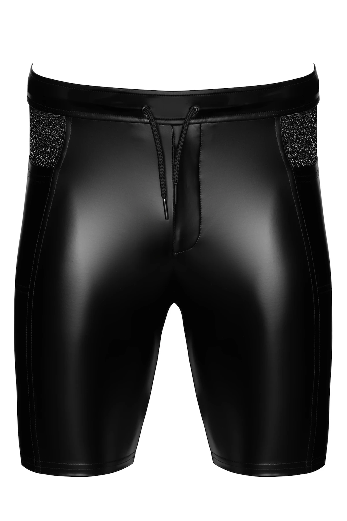Schwarze Herren Kinky Shorts Onyx Hybrid H089 aus Powerwetlook mit Mesh-Einsätzen, seitlichen Taschen, Reißverschluss vorne, elastischem Bund und Kordelzug für figurbetonten Sitz von Noir Handmade Men