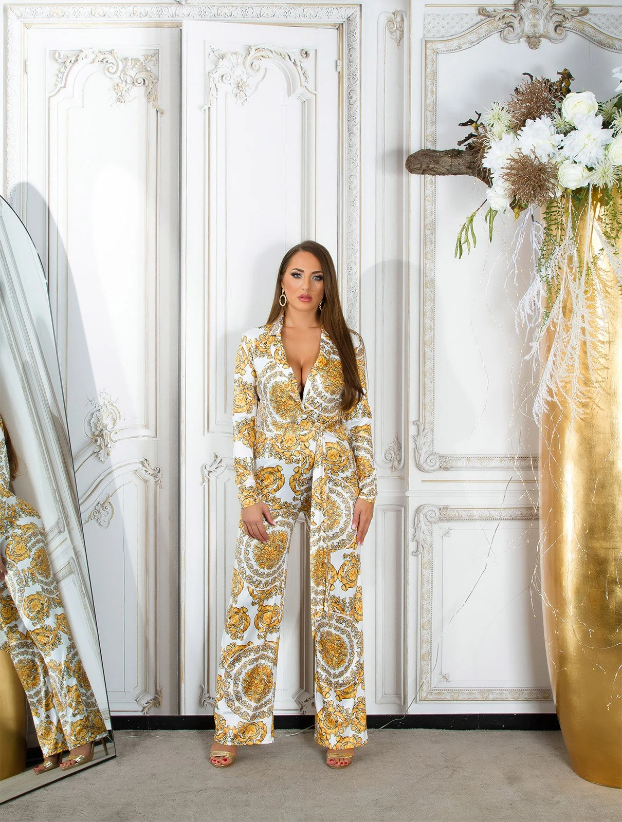Printed Maxi Jumpsuit im Business-Look mit Wickel V-Neck und Gürtel