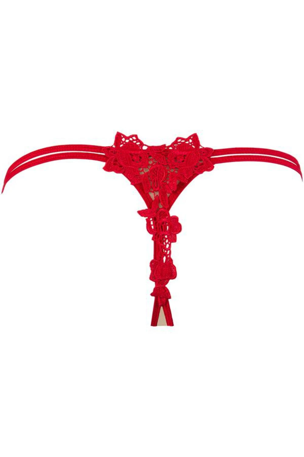 Axami zarter String aus beigen Stoff mit roter Stickerei verziert