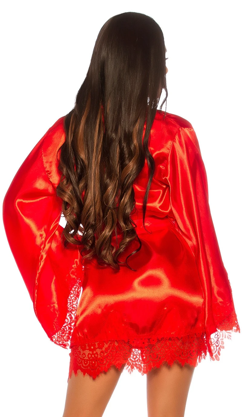 Satin Kimono mit Spitze und Gürtel