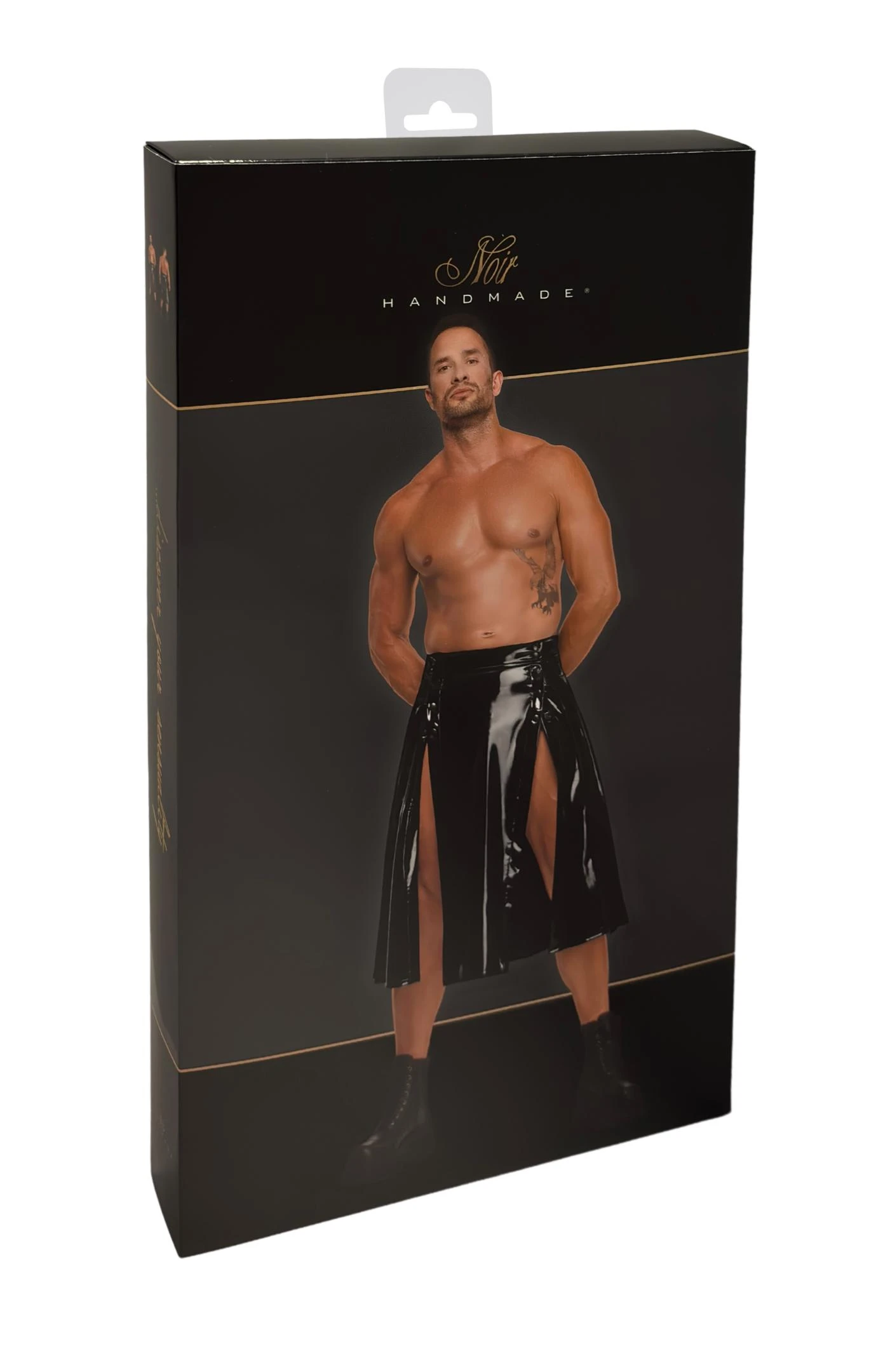 Langer Herren Kinky Lack Rock Empire H091 sexy Hochglanz mit dehnbarem Material, zwei Gehschlitzen vorn und Druckknopf-Front zum Öffnen von Noir Handmade Men