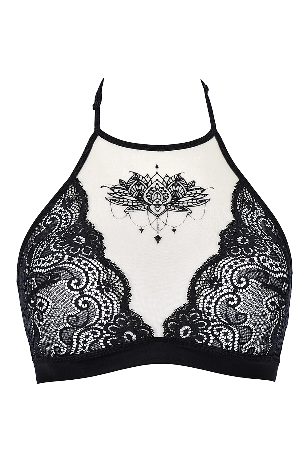 Axami schwarzes Spitzen-Top mit Neckholder Verzirung am Dekoltee Axami schwarzes Spitzen-Top mit Neckholder Verzirung am Dekoltee