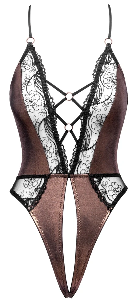 Cottelli Riobody in Kupfer mit Pailletten-Spitze, ouvertem Ausschnitt, roségoldenen Details und Sexy Schnür-Optik im Glamour-Look
