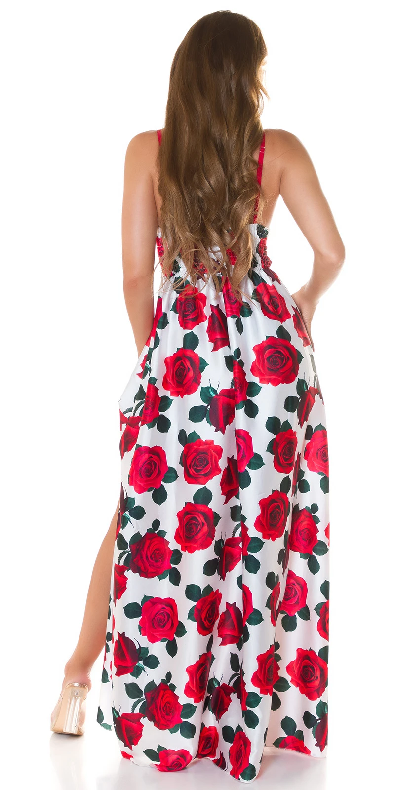 Summer V-Neck Träger Maxi Kleid mit Flower Print und XL-Beinschlitz Summer V-Neck Träger Maxi Kleid mit Flower Print und XL-Beinschlitz