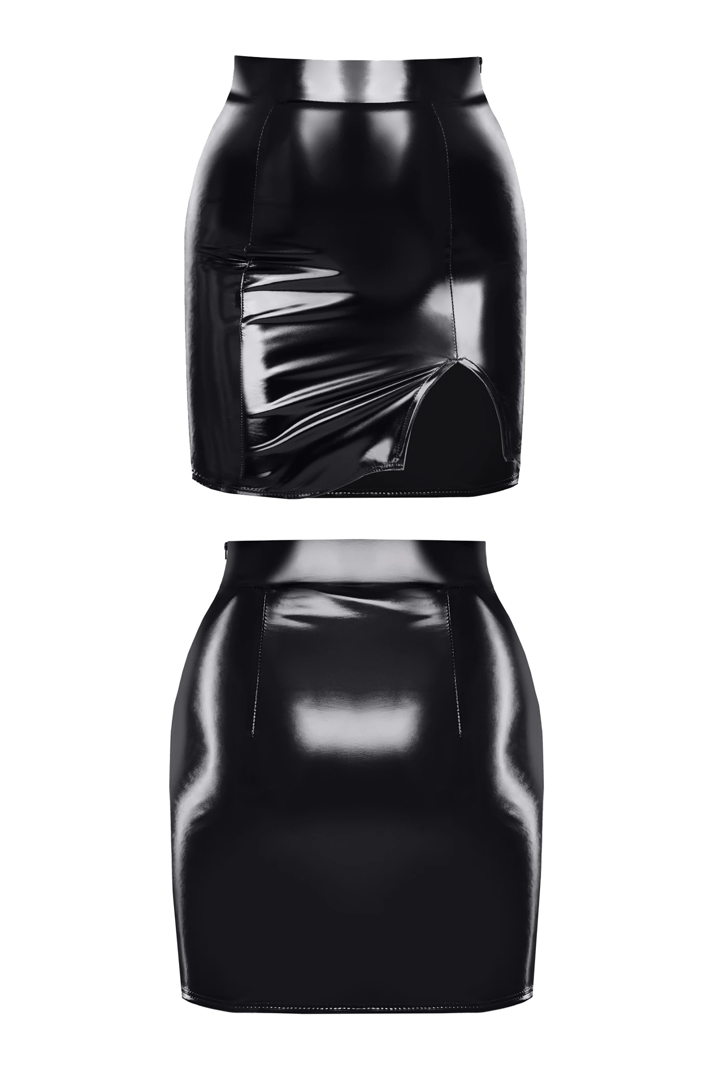 Schwarzer halblanger Kinky Lack-Rock TDEulalia001, Glänzender Vinyl-Rock in Schwarz, figurbetont mit seitlichem Reißverschluss