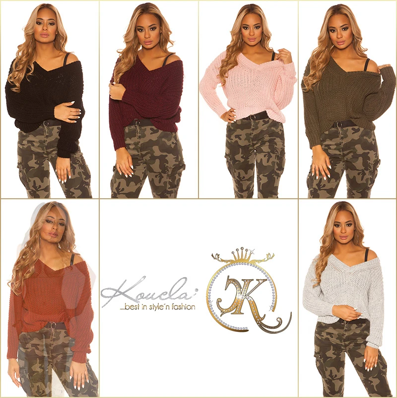 Einfarbiger Langarm Grobstrick mit V Pulli Einfarbiger Langarm Grobstrick mit V Pulli
