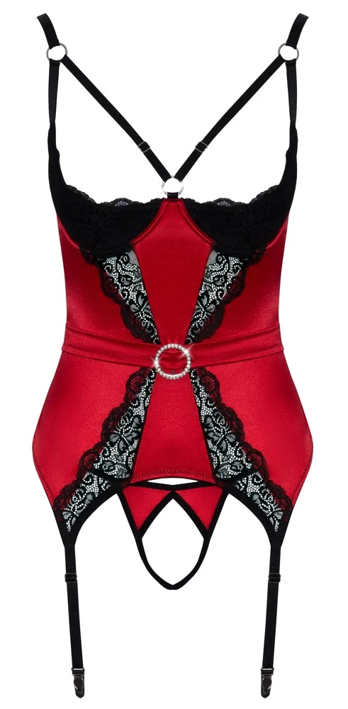 Cottelli LINGERIE Dessous Set Strapshemd String Ouvert Stretch-Satin und zarte Spitze