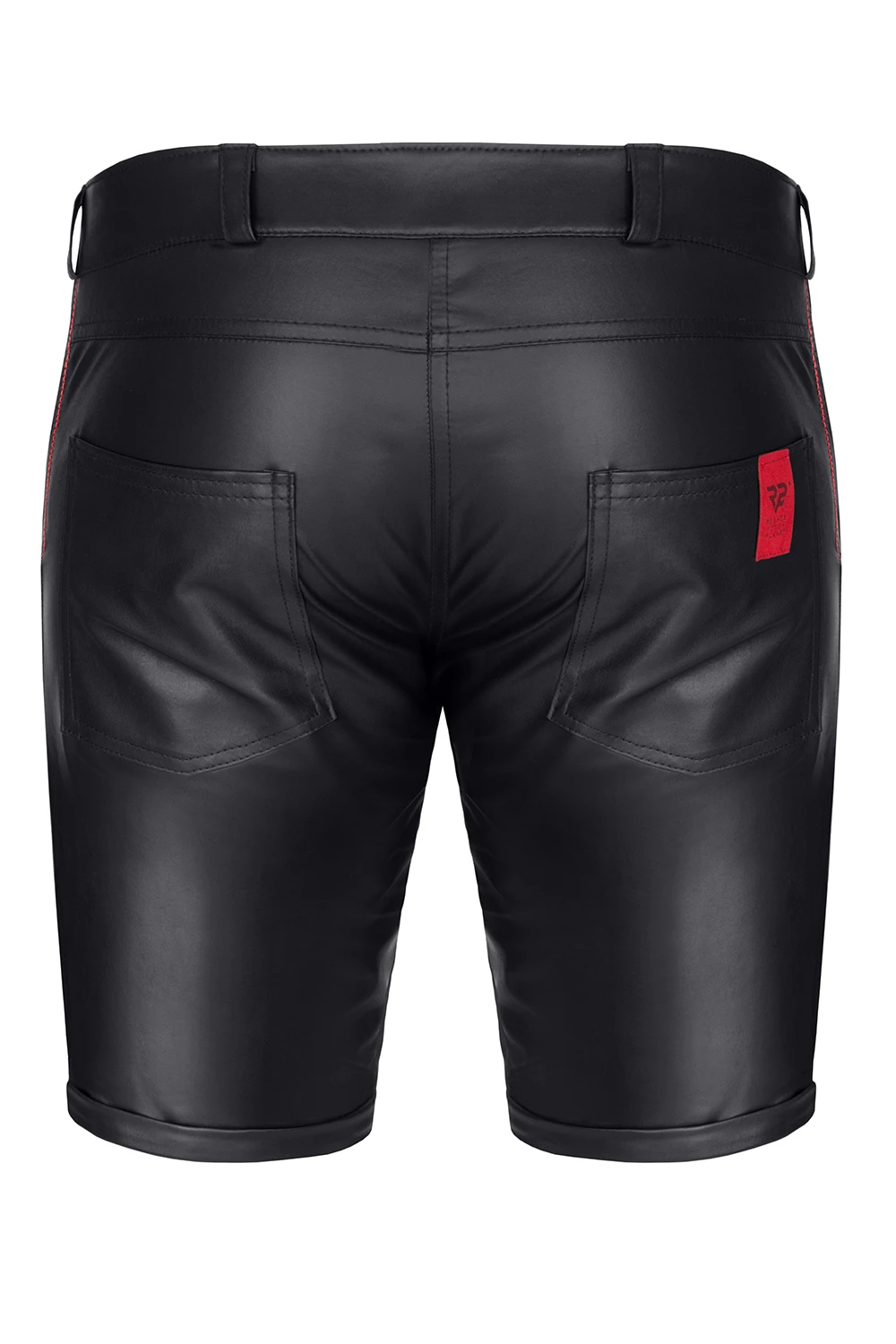 Lässige Herren Shorts aus schwarzem Wetlook – RMNorberto001 mit vier Taschen und rotem RFP-Logo für markanten Style von Regnes Fetish Planet Lässige Herren Shorts aus schwarzem Wetlook – RMNorberto001 mit vier Taschen und rotem RFP-Logo für markanten Style von Regnes Fetish Planet