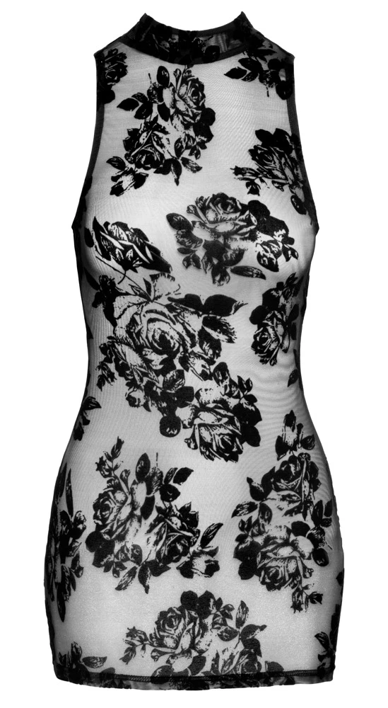 Ärmelos Transparentes Mini Kleid in feiner Transparenz, Samtflockprint, hoher Kragen, ovaler Rückenausschnitt