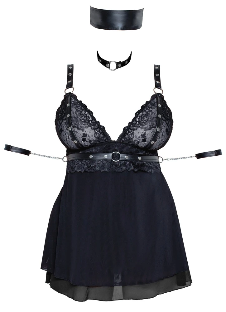 Cottelli Babydoll-Set mit Halsband, Bondage-Schal und verführerischer Spitze in schwarz