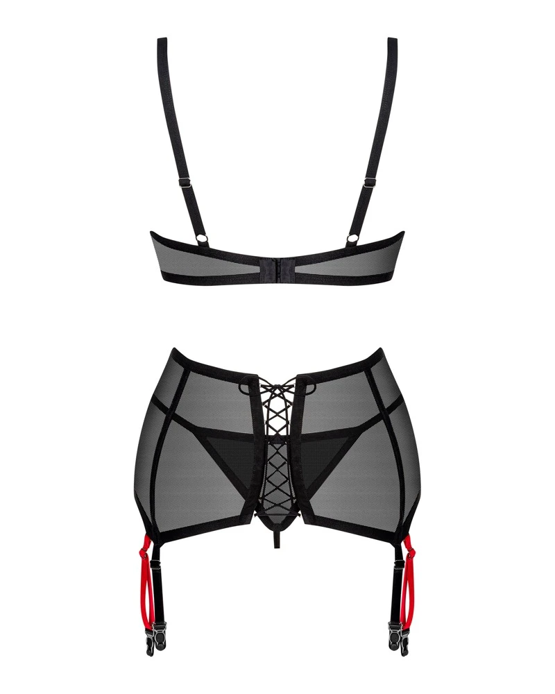 Obsessive 3-teiliges Set Glandez mit Bügel-BH, Strapsgurt und String.  BH mit rotem Neckholder als stylischer Kontrast sowie Ring und kleinem Schmuckelement zwischen den Cups
