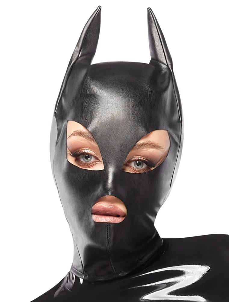 Kopfmaske, Kinky Kopfmaske im Cat/Batwoman-Look aus Lederimitat mit spitzen Ohren und Öffnungen für ein aufregendes Rollenspiel Kopfmaske, Kinky Kopfmaske im Cat/Batwoman-Look aus Lederimitat mit spitzen Ohren und Öffnungen für ein aufregendes Rollenspiel