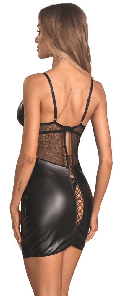 Set Dominna von Obsessive im mixstarken Zusammenspiel aus Wetlook und feinem Netz mit extravaganten Bügel-Cups und verführerischer Rückenschnürung