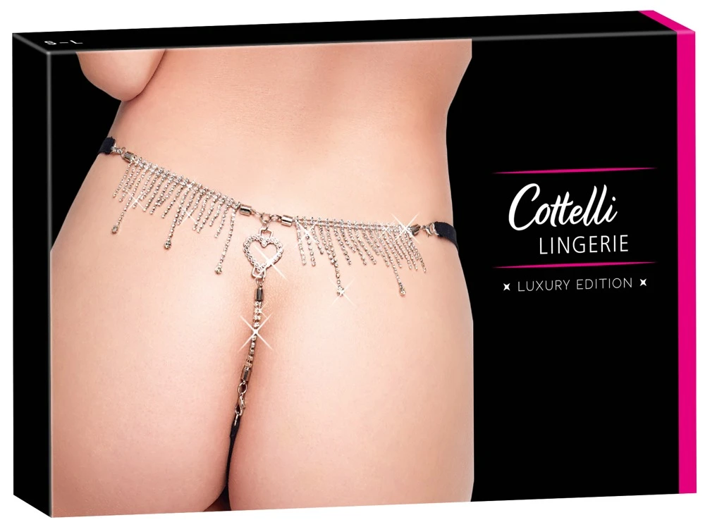 Sexy Dessous String mit Spitze vorne & abnehmbarem Strass-Schmuck hinten, verstellbar, schwarzer Luxus von Cottelli | 198269 Sexy Dessous String mit Spitze vorne & abnehmbarem Strass-Schmuck hinten, verstellbar, schwarzer Luxus von Cottelli | 198269