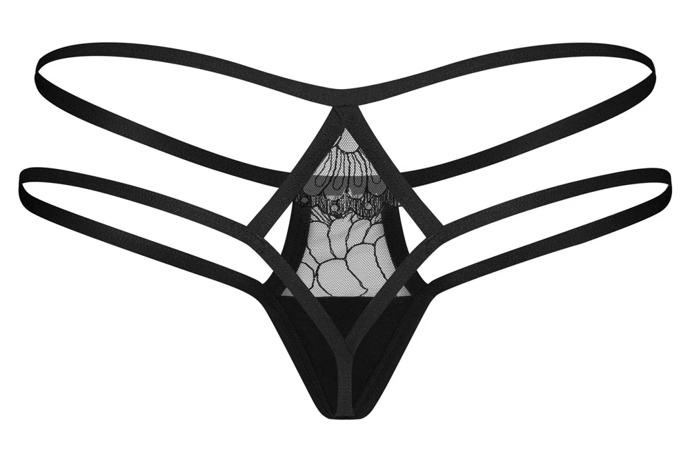 Schwarzer String Arrowel von Obsessive mit feiner Spitze, edlem Schmuckdetail vorne und raffiniertem Doppelriemen-Bund für einen stilvollen, sexy Look