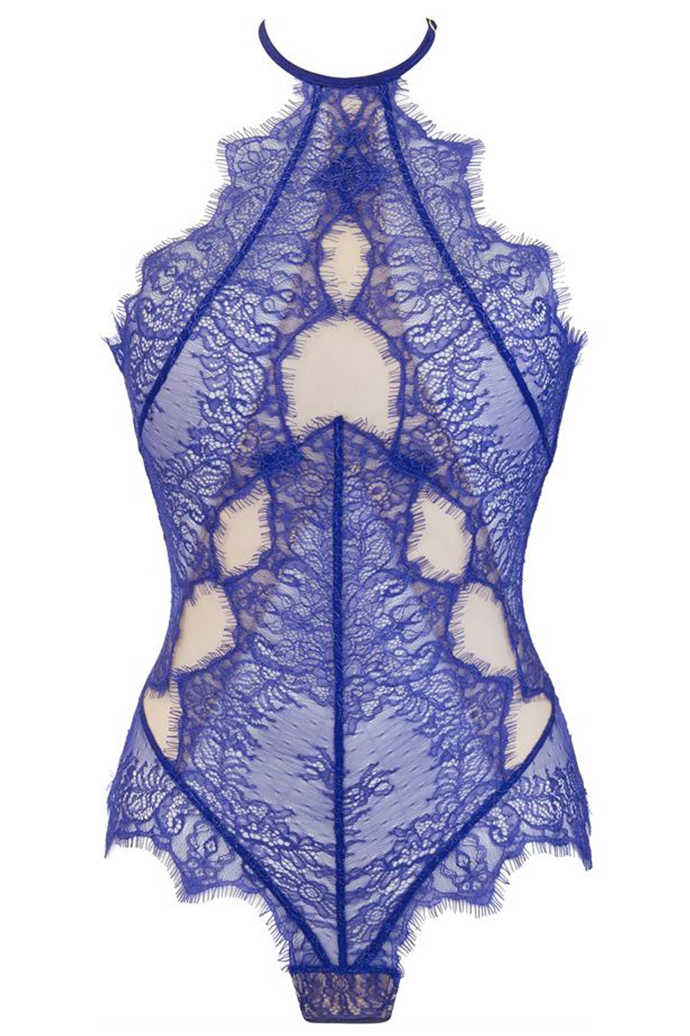 Axami transparentes Body aus blauer Blütenspitze mit beigen Tüll Axami transparentes Body aus blauer Blütenspitze mit beigen Tüll