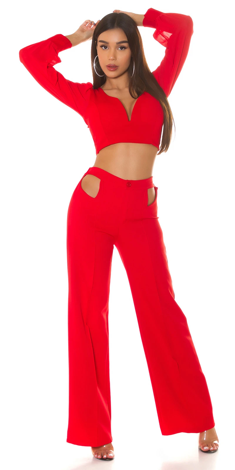 Chic Crop Langarm Blusen V-Neck Top Rückenfrei zum Binden Chic Crop Langarm Blusen V-Neck Top Rückenfrei zum Binden
