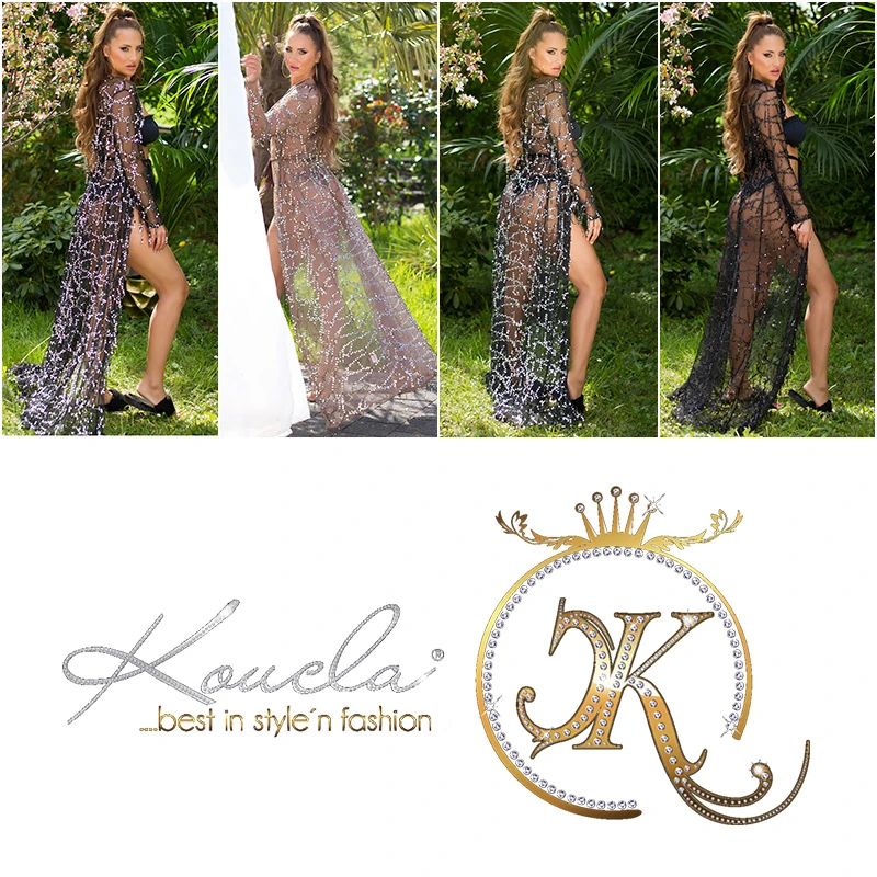 Transparent Langarm Cover-up Long Cardigan mit Deko Pailletten-Fransen