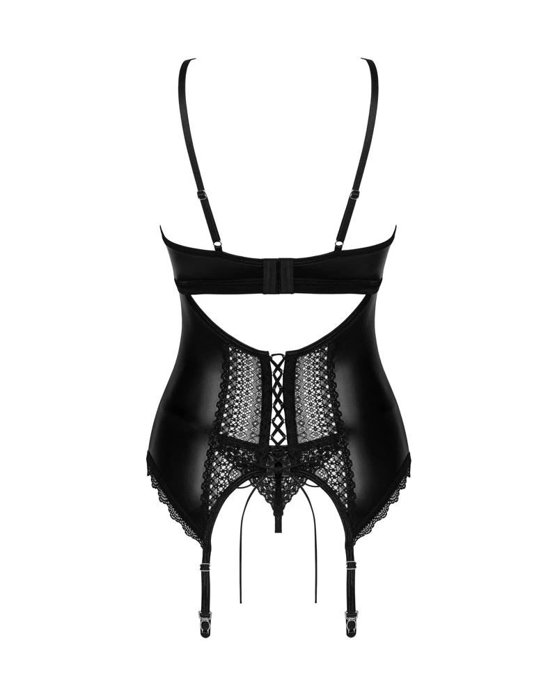 Obsessive Straps-Corsage und String im schwarzen Set Norides. Im edlen Wetlook, dazu schöne Spitzen-Einsätzen und -Details.