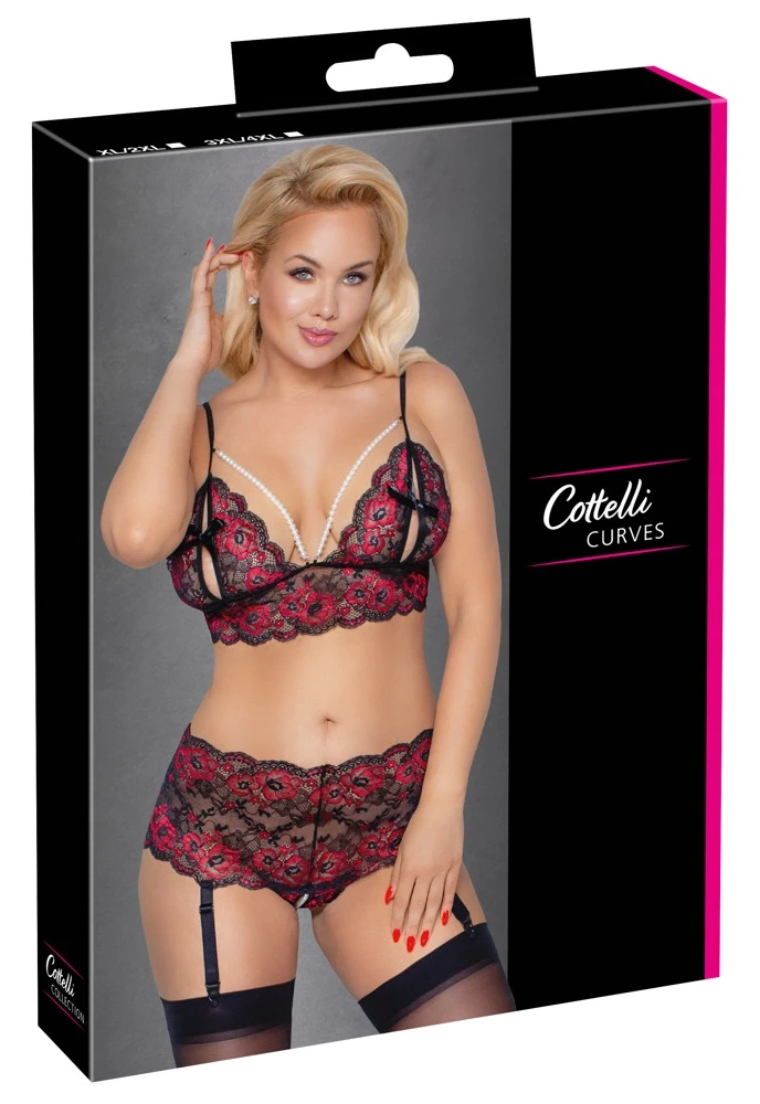 Cottelli Verführerische Blütenspitze: Soft-BH und Ouvert-Slip mit Dekolleté- und Schritt-Perlenketten