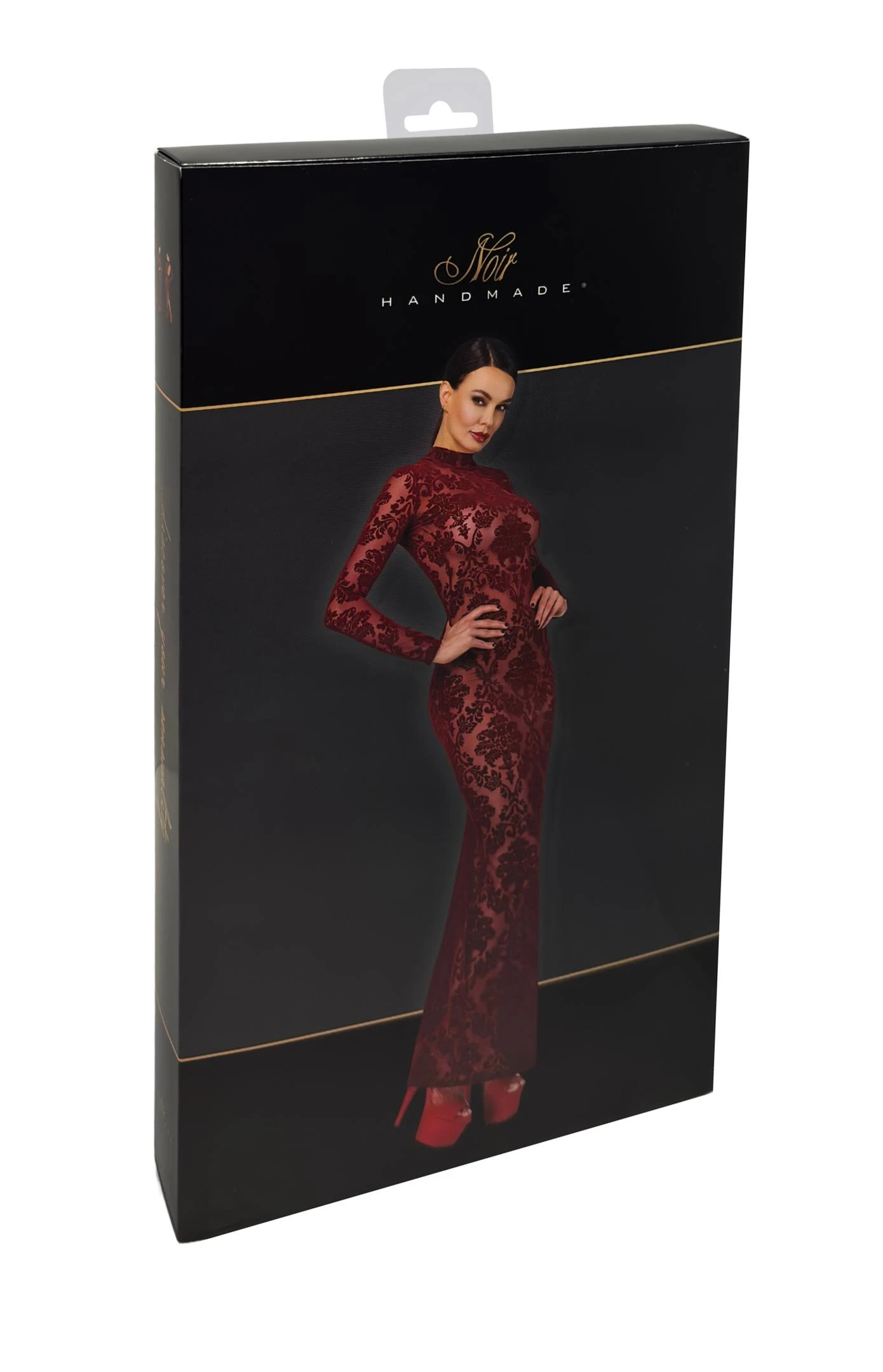 F383 Langes Flockkleid Kinky Royal aus weichem elastischem Tüll mit luxuriöser Flockstickerei, tiefem Rückenausschnitt, hohem Kragen mit Hakenverschluss und verführerischem Gehschlitz – von Noir Handmade