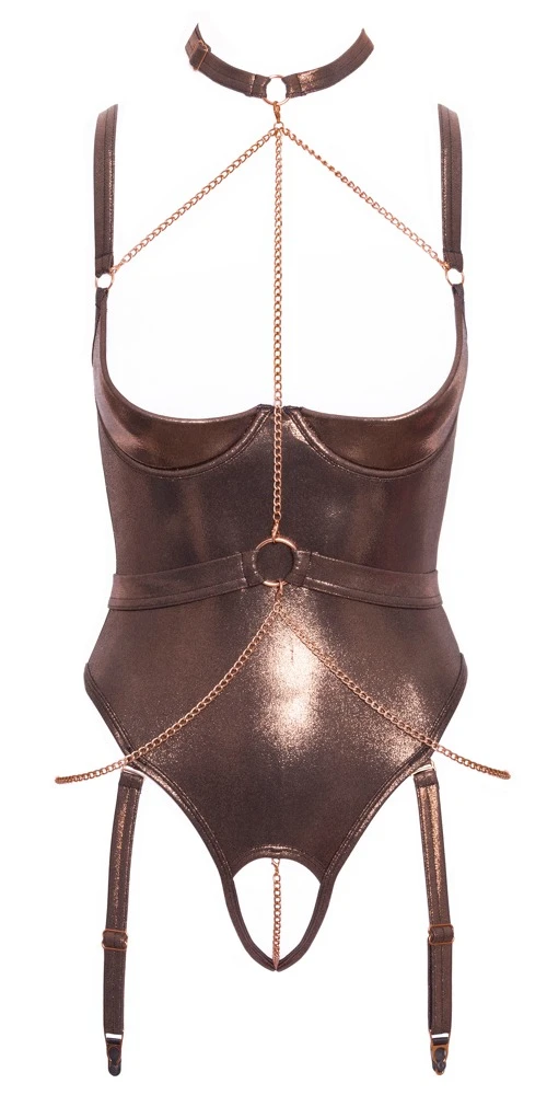 Abierta Fina Ouvert-Body in schimmerndem Bronzegold mit abnehmbaren Strapsen, roségoldfarbenen Accessoires, Halsband, Gürtel und dekorativen Ketten