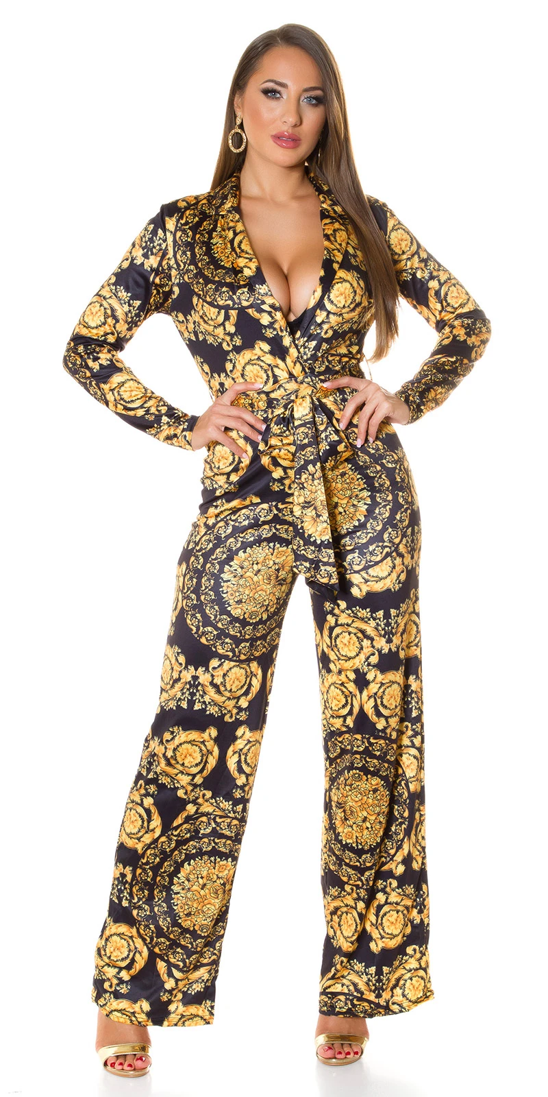 Printed Maxi Jumpsuit im Business-Look mit Wickel V-Neck und Gürtel