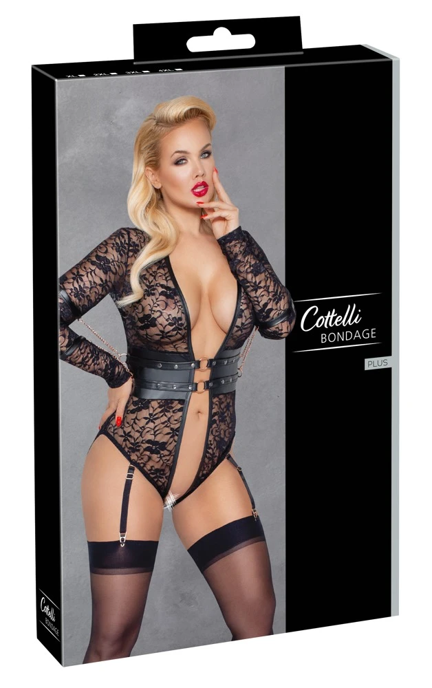 Cottelli Sinnlicher Ouvert-Body: Spitze, Armfesseln und Mattlook-Tailleneinsatz