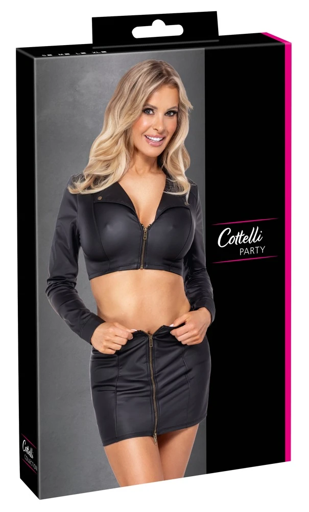 Cottelli PARTY Clubwear Set – kurzes Jacken-Top & Minirock im schwarzen Mattlook mit messingfarbenen Details, Reißverschlüssen & Ringen für einen sexy Party-Look Cottelli PARTY Clubwear Set – kurzes Jacken-Top & Minirock im schwarzen Mattlook mit messingfarbenen Details, Reißverschlüssen & Ringen für einen sexy Party-Look