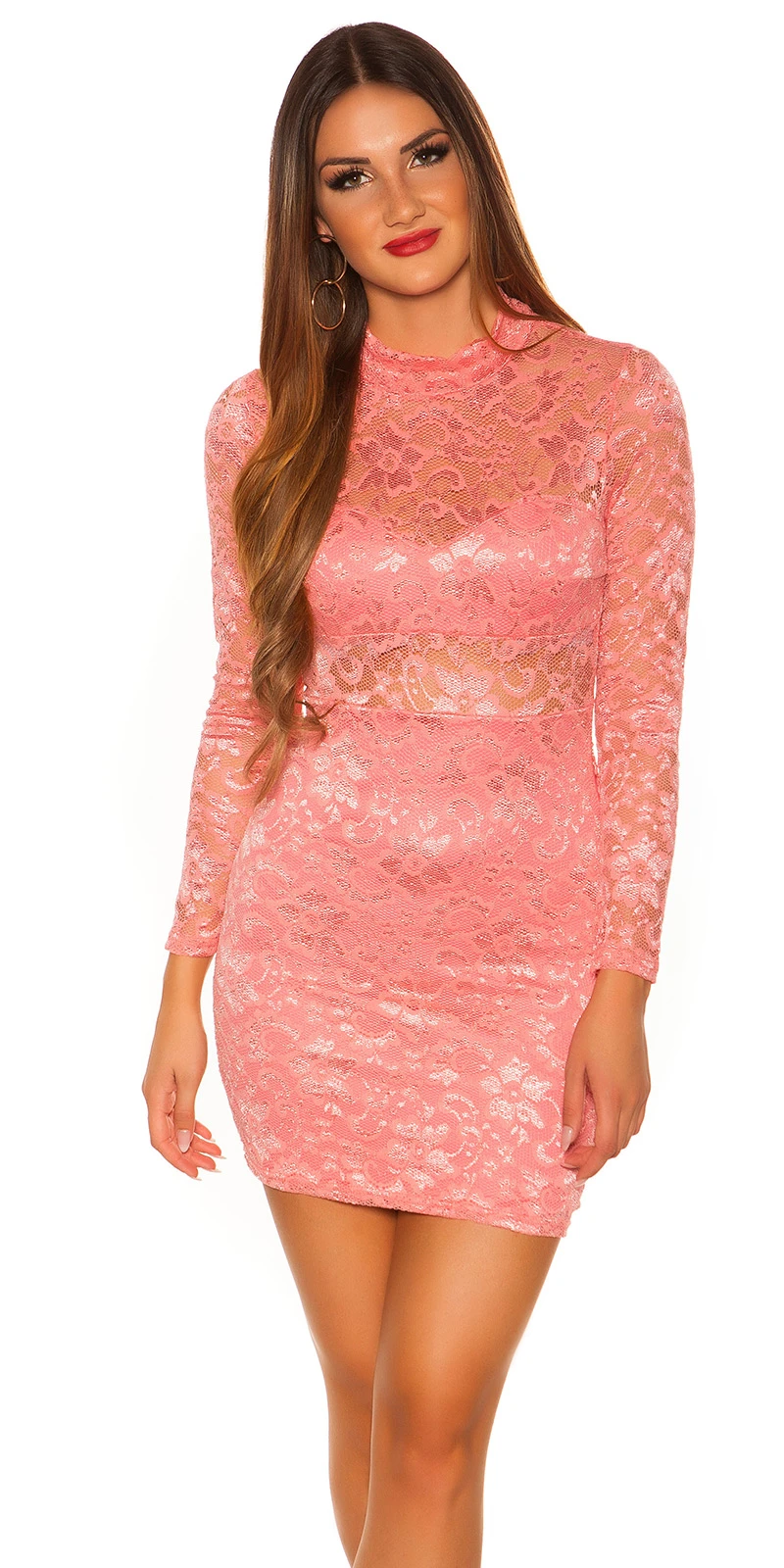 Cocktail Spitzen Turtle Neck Langarm Minikleid