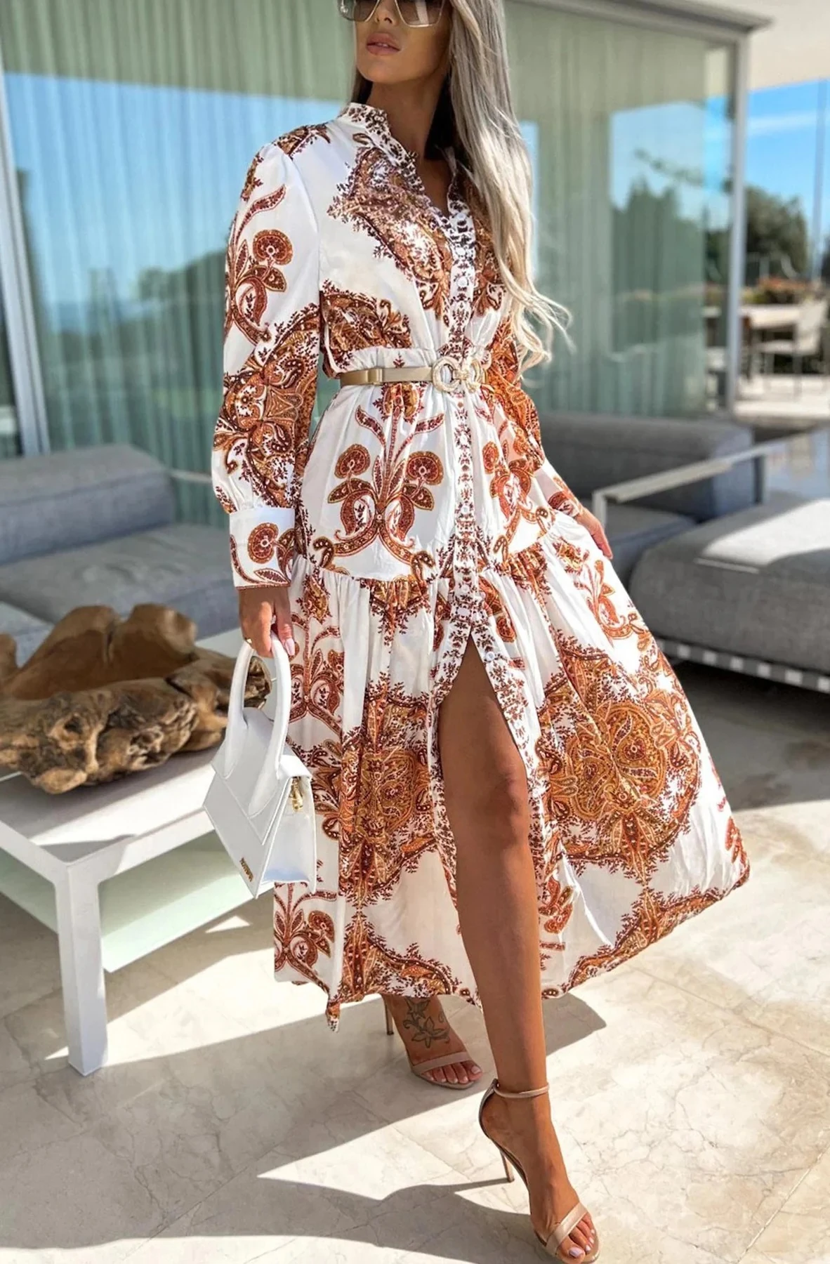 Printed Langarm Maxi Sommer Kleid  mit Knopfleiste