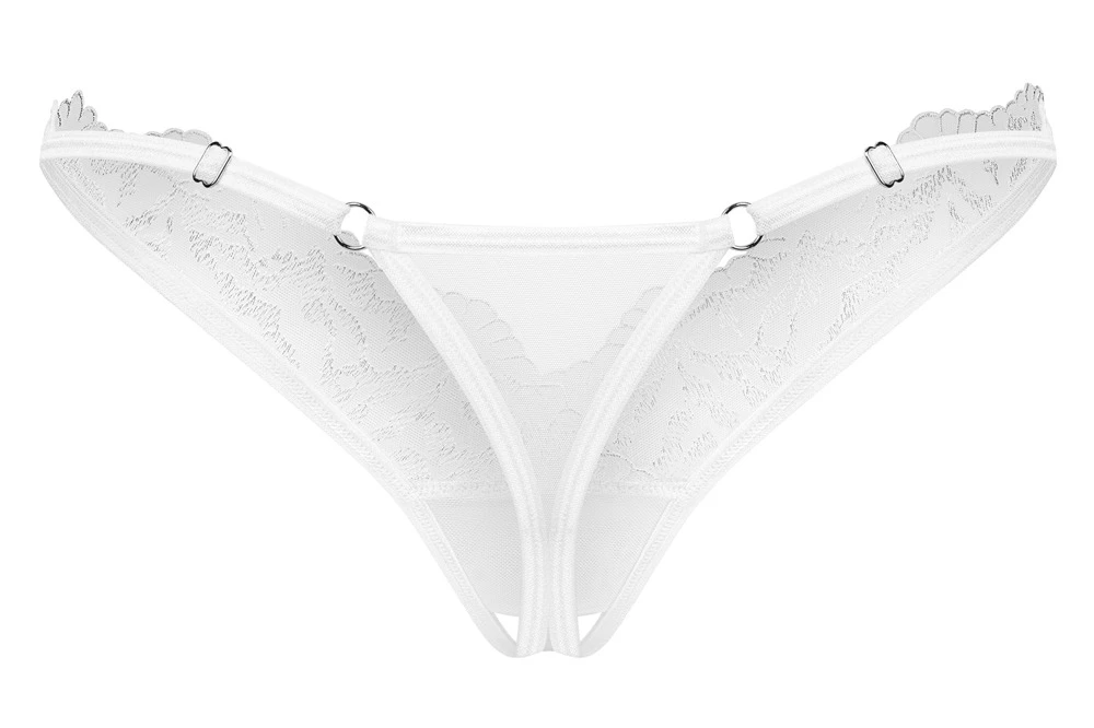String ouvert Arrowel von Obsessive in weißen Tüll-Transparenz mit feiner Spitze, offen im Schritt für prickelnde Momente