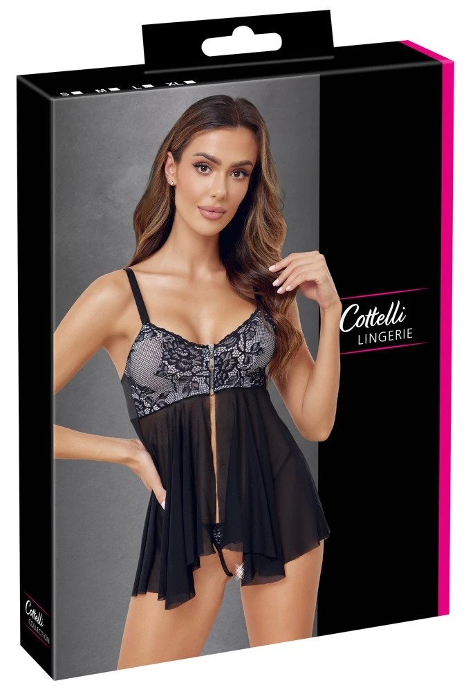 Cottelli LINGERIE Babydoll und String Dekollete mit Reißverschluss mit feiner Spitze