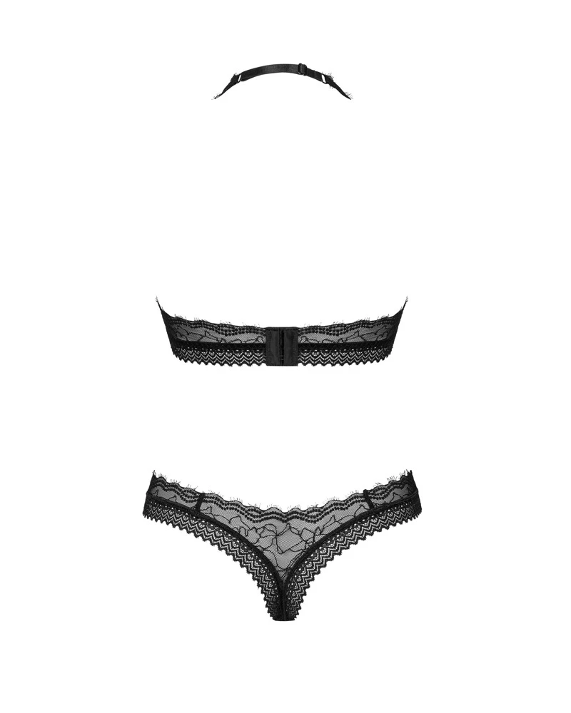 Obsessive Schwarzes Dessous-Set Medilla mit Bügel-BH und String im bildschönen Mix verschiedener weicher Stretchspitzen. Weich & elastisch für hohen Tragekomfort
