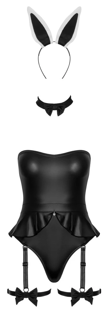 Cottelli Bunny-Kostüm-Set im stilvollen Mattlook mit schulterfreiem Straps-Body, Halsband, Haarreif mit Ohren und sexy Details