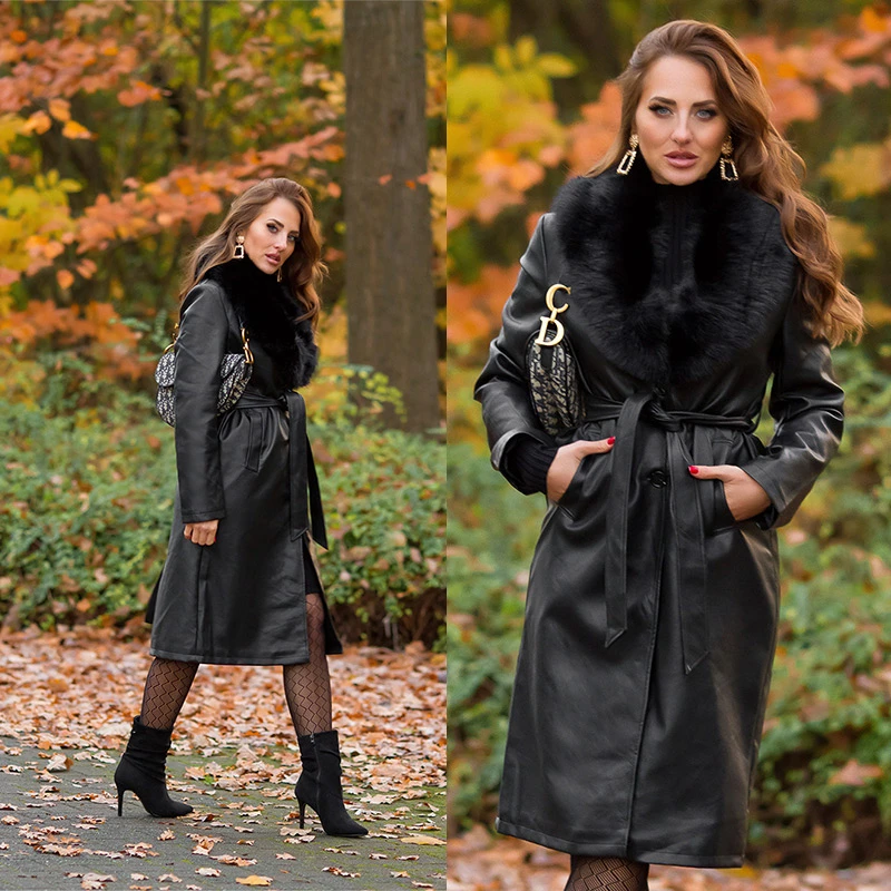 Kiss me Edler Kunstledermantel in wadenlanger Form mit abnehmbarem Kunstfell Kragen, seitlichen Taschen und sexy Ausstrahlung für starke Styles von Koucla