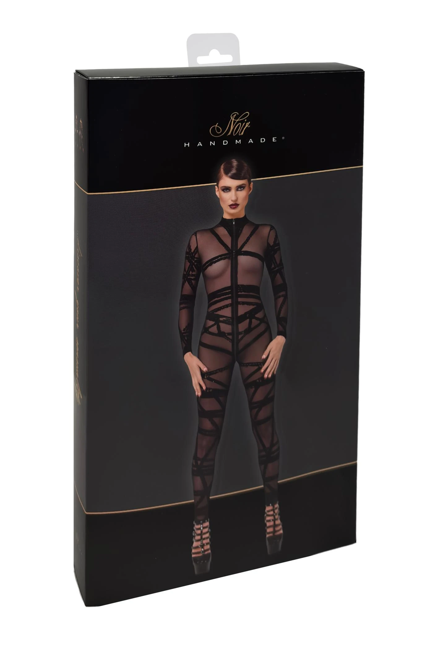 Bondesque Kinky Catsuit Noir Handmade F357 aus weichem, elastischem Tüll mit Shibari-Flock, langen Ärmeln und praktischem Drei-Wege-Reißverschluss für einen kraftvollen, stilvollen Look