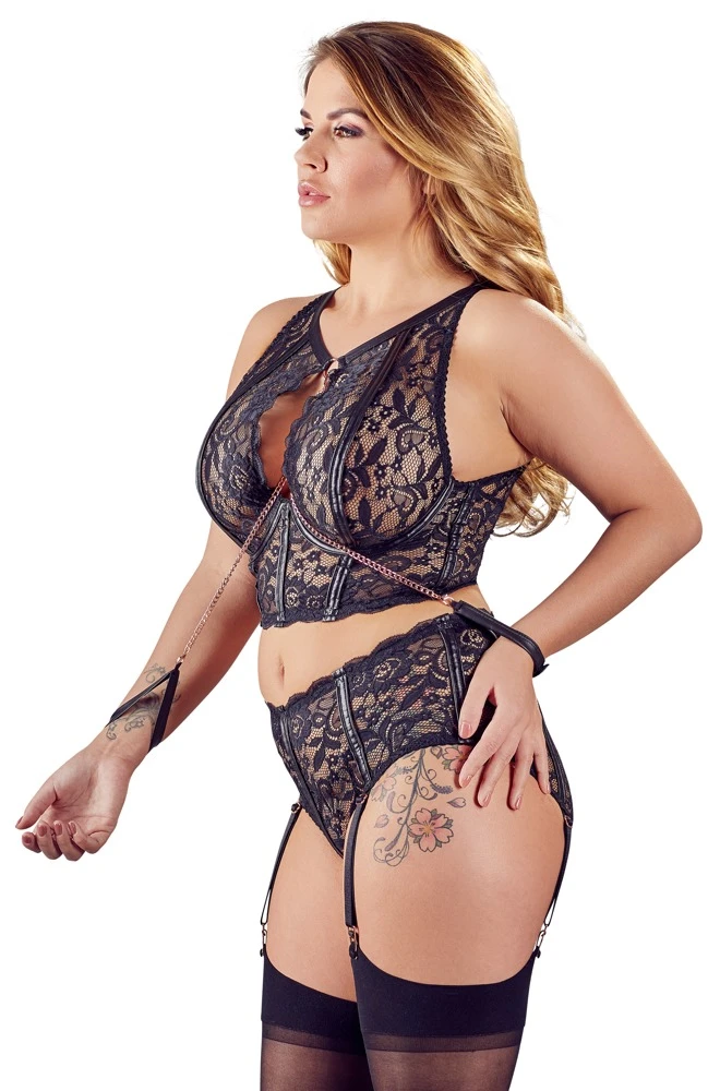 Cotteli Verführerisches Dessous-Set: Bügel-Bralette, Straps-Slip und abnehmbare Handfesseln aus zarter Spitze