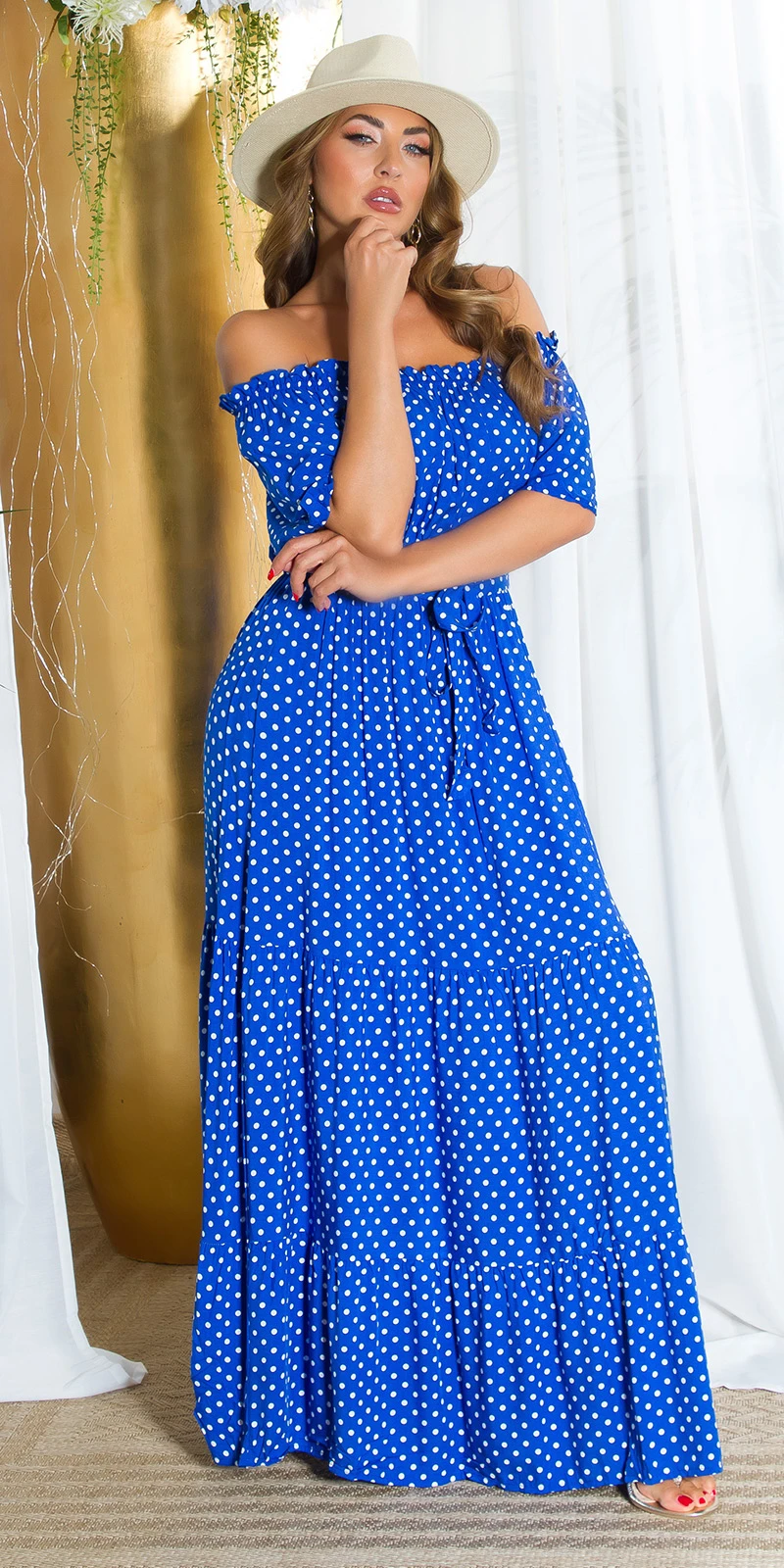 Sexy Koucla Maxikleid mit Carmen Ausschnitt und Polka Punkten Sexy Koucla Maxikleid mit Carmen Ausschnitt und Polka Punkten