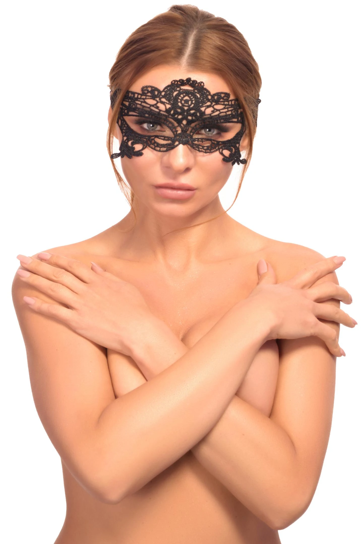 Schwarze Augenmaske A7784 im venezianischen Look aus zarter Spitze mit Satinband zum Binden für geheimnisvolle Abende