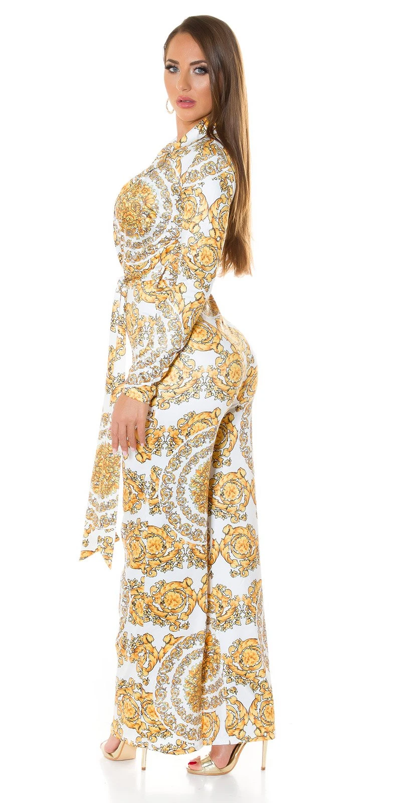 Printed Maxi Jumpsuit im Business-Look mit Wickel V-Neck und Gürtel